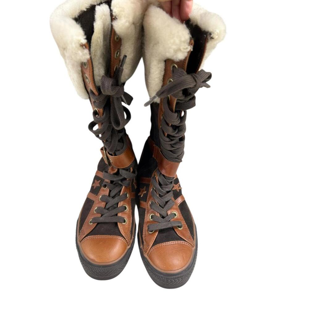 Converse Unisex Vintage Tall Shearling Lace-Up Winter Boots Brown Leather Canvas - Picture 3 of 11
